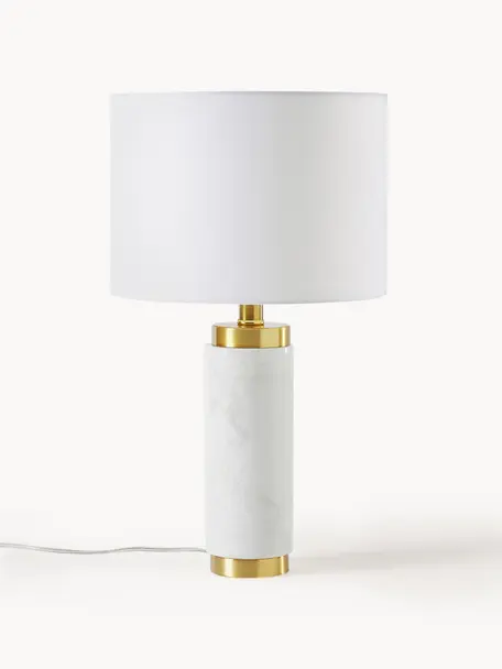 Glam-Tischlampe Miranda mit Marmorfuß, Lampenschirm: Textil, Lampenfuß: Marmor, Messing, gebürste, Messingfarben, Weiß marmoriert, Ø 28 x H 48 cm