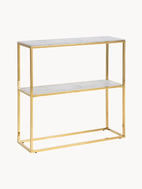 Estantería consola Aruba, tablero de vidrio aspecto mármol, Estantes: vidrio, Estructura: metal laminado, Aspecto mármol blanco, dorado, An 80 x Al 81 cm