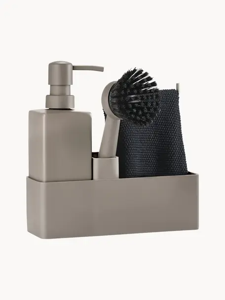 Set lavavajillas con cepillo Zone Denmark, 3 pzas., Cerámica, silicona, Gris pardo, An 19 x Al 21 cm