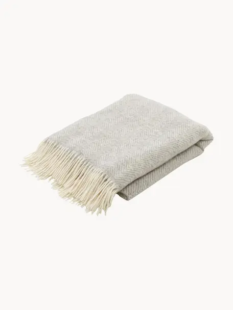 Manta de lana con flecos Tirol-Mona, Gris claro, blanco, An 140 x L 200 cm