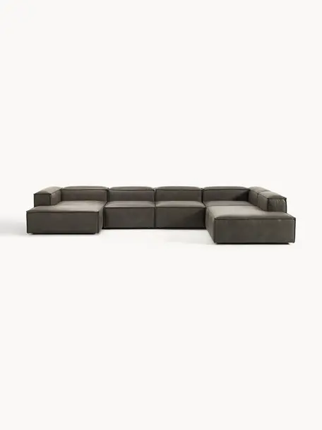 Modulare Wohnlandschaft Lennon aus recyceltem Leder, Bezug: Recyceltes Leder (70 % Le, Gestell: Massives Holz, Sperrholz, Füße: Kunststoff Dieses Produkt, Leder Taupe, B 418 x T 269 cm, Eckteil rechts