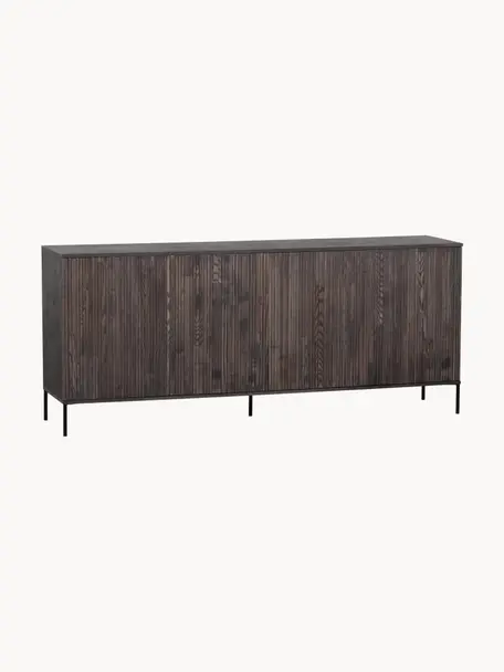 Dressoir Avourio van essenhout met geribde voorkant, Frame: essenhout, FSC-gecertific, Poten: gecoat metaal, Essenhout, donker, B 200 cm x H 85 cm