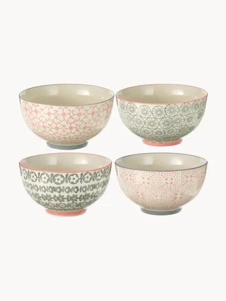 Set 4 ciotole con piccolo motivo Cécile, Ceramica, Beige, grigio, rosa, Ø 13 x Alt. 8 cm