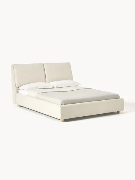 Cama tapizada Laura, Tapizado: 100% poliéster Alta resis, Estructura: madera de pino, tablero d, Patas: madera de roble, Tejido beige claro, madera de roble, An 140 x Al 200 cm