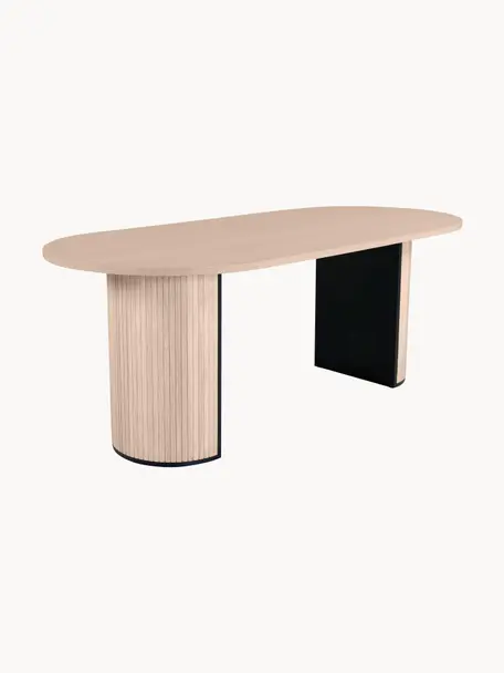 Mesa de comedor ovalada de madera Bianca, 200 x 90 cm, Tablero: fibras de densidad media , Estructura: madera de árbol de trompe, Madera de roble barnizado claro, An 200 x F 90 cm