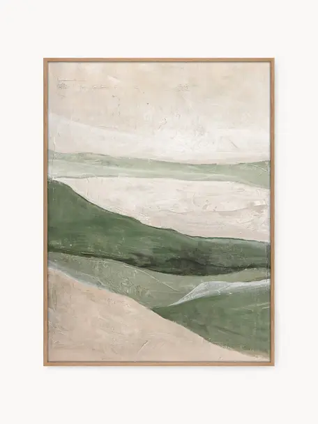 Quadro dipinto a mano con cornice in legno Green Field, Cornice: impiallacciatura di querc, Beige, verde salvia, legno chiaro, Larg. 90 x Alt. 120 cm