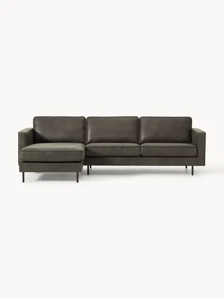 Sofa narożna ze skóry z recyklingu Hunter, Tapicerka: 70% skóra z recyklingu, 3, Stelaż: lite drewno sosnowe, płyt, Nogi: metal malowany proszkowo , Antracytowa skóra, S 264 x G 154 cm, lewostronna