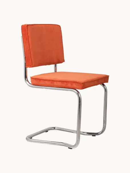 Cordsamt-Freischwinger Kink, Bezug: Kordsamt (88% Nylon, 12% , Rahmen: Metall, verchromt, Cord Orange, Chromfarben, B 48 x T 48 cm