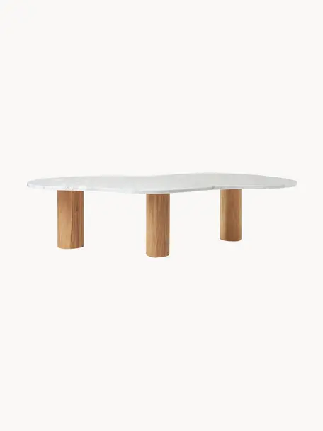 Marmor-Couchtisch Naruto in organischer Form, Tischplatte: Marmor, Beine: Eichenholz, Eichenholz, Weiss, marmoriert, B 140 x T 80 cm