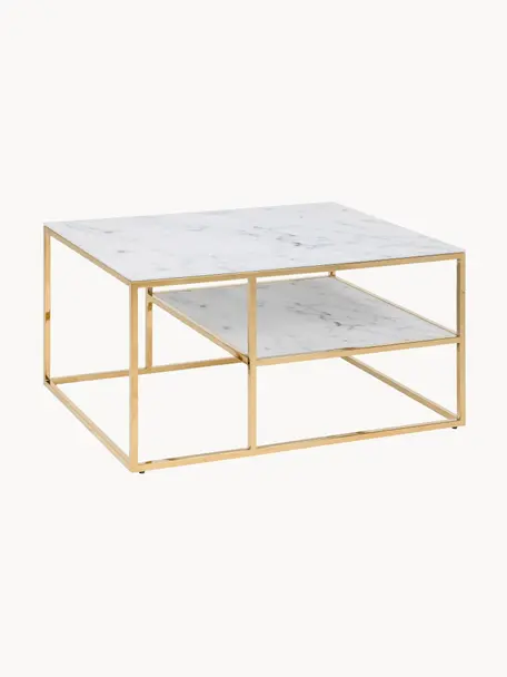 Konferenční stolek se skleněnou deskou Alisma, Bílá, mramorovaná, zlatá, Š 90 cm, H 60 cm
