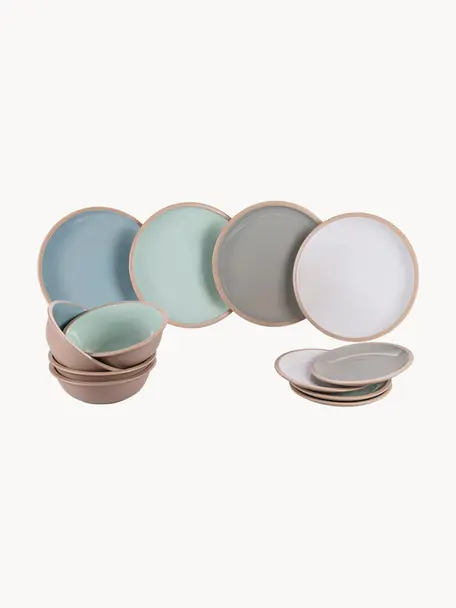 Servizio di piatti in colori pastello Bistrot 12 pz, Ceramica, Azzurro, verde menta, grigio, bianco, 4 persone (12 pz)