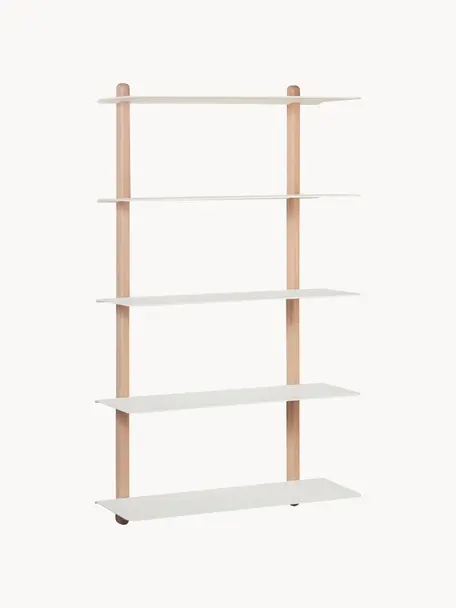 Estante de pared Nivo, Estantes: aluminio recubierto, Estructura: madera de roble, Madera de roble, blanco, An 67 x Al 118 cm