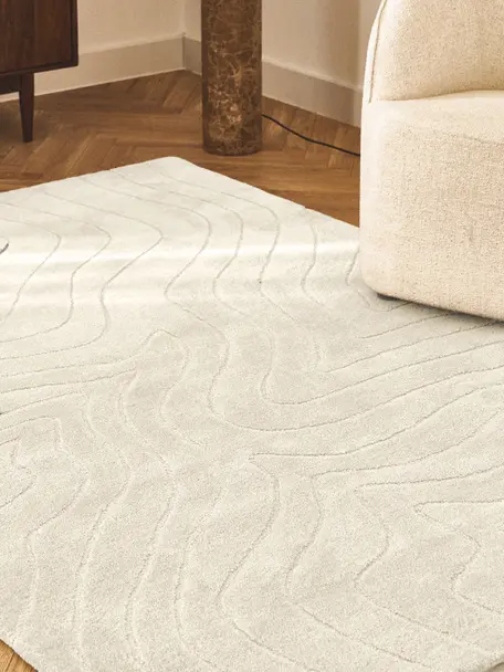 Alfombra artesanal de lana Aaron, 100% lana con certificado RWS
 
Las fibras pueden desprenderse de las alfombras de lana en las primeras semanas de uso, pero esto se reduce con el uso diario y se reduce la formación de pelusas., Blanco crema, An 160 x L 230 cm (Tamaño M)