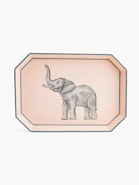 Vassoio decorativo dipinto a mano con motivo elefante Fauna, Ferro rivestito, Pesca, tonalità grigie, Larg. 43 x Prof. 30 cm