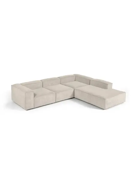 Divano angolare componibile XL in velluto a coste Lennon, Rivestimento: velluto a coste (92% poli, Struttura: legno di pino massiccio, , Piedini: plastica, Velluto a coste beige chiaro, Larg. 329 x Prof. 269 cm, chaise-longue a destra