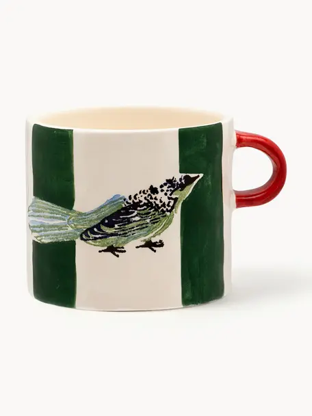 Tasse peinte à la main Love Bird, Céramique, Blanc crème, vert foncé, rouge corail, Ø 10 x haut. 9 cm, 500 ml