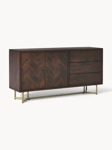 Credenza in legno di mango con motivo spina di pesce Luca, Struttura: metallo rivestito, Legno di mango, dorato, Larg. 160 x Alt. 80 cm