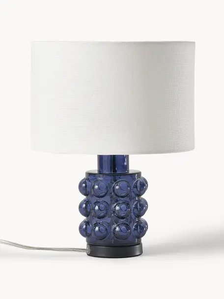 Lámpara de mesa pequeña de vidrio Olyve, Pantalla: 60% lino, 40% algodón, Cable: plástico, Blanco, azul oscuro, Ø 23 x Al 31 cm