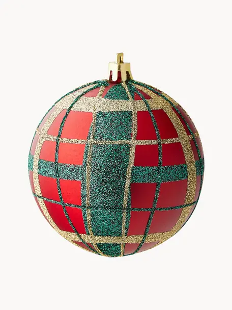 Onbreekbare kerstballenset Karo Ø 8 cm, 12 stuks, Kunststof, Rood, groen, goudkleurig, Ø 8 cm