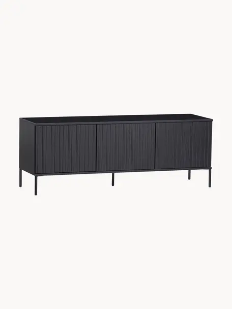 Mueble TV de madera de pino con frente acanalado Avourio, 3 puertas, Estructura: madera de pino, Patas: metal recubierto Este pro, Madera de pino negra, An 150 x Al 56 cm