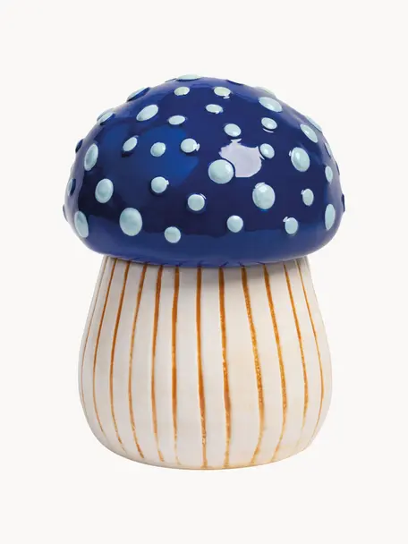 Handbeschilderde opbergpot Magic Mushroom van dolomiet, Dolomiet, Blauwtinten, gebroken wit, lichtbruin, Ø 13 x H 17 cm