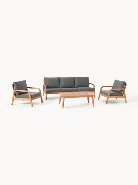 Set lounge para exterior de madera de eucalipto Bergen, 4 pzas., Tapizado: 100% poliéster Alta resis, Gris oscuro, madera de eucalipto, Set de diferentes tamaños