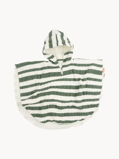 Poncho de bain en coton bio Stripes, 100 % coton bio, certifié GOTS, Vert, blanc crème, larg. 67 x long. 50 cm