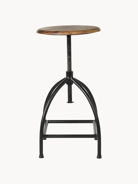 Tabouret de bar à hauteur ajustable Sire, Noir, bois de manguier, laqué, Ø 33 x haut. 46-73 cm