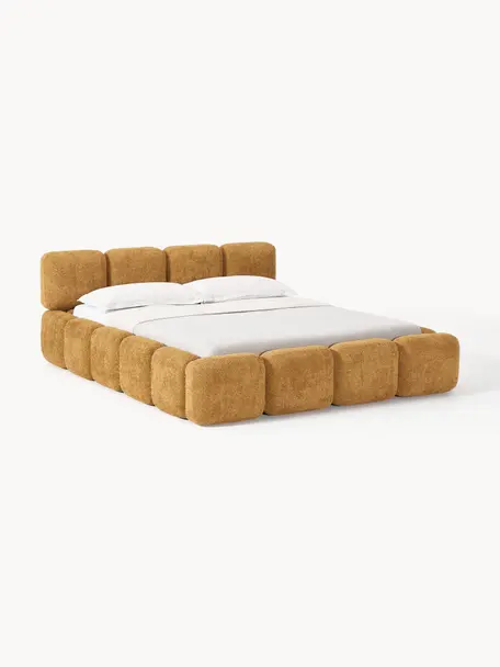 Cama tapizada de borreguillo bouclé Tayla, Tapizado: tejido borreguillo bouclé, Tapizado: espuma, certificado Certi, Estructura: madera maciza de abeto, t, Patas: madera de abedul Este pro, Borreguillo bouclé ocre, An 140 x Al 200 cm