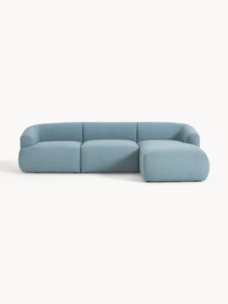 Modulares Bouclé-Ecksofa Sofia (3-Sitzer), Bezug: Bouclé (100 % Polyester) , Gestell: Fichtenholz, Spanplatte, , Bouclé Blau, B 277 x T 185 cm, Eckteil rechts