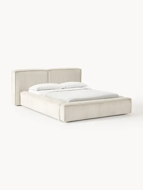 Cama tapizada en pana Lennon, con espacio de almacenamiento, Tapizado: pana (98% poliéster, 2% p, Estructura: madera de pino maciza, ma, Patas: madera, plástico Este pro, Pana beige claro, An 208 x L 243 cm (colchón 140 x 200 cm)