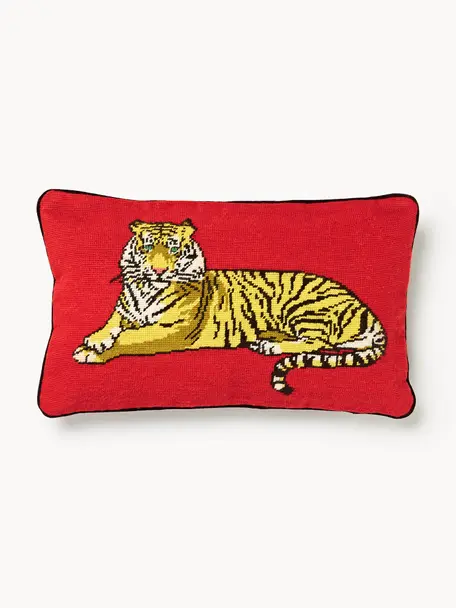 Cuscino decorativo in lana fatto a mano Safari, Retro: velluto (100% cotone), Rosso, giallo chiaro, Larg. 30 x Lung. 50 cm