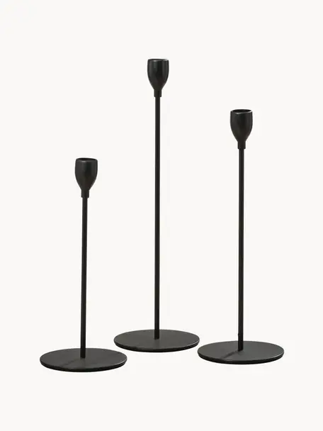 Candelabros Malte, 3 uds., Metal recubierto, Negro, Set de tamaños diferentes