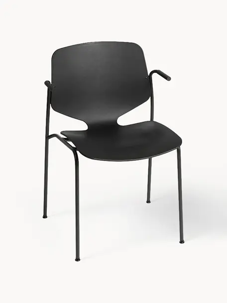 Silla con reposabrazos artesanal de plástico Nova Sea, Estructura: acero reciclado recubiert, Negro, An 55 x F 56 cm