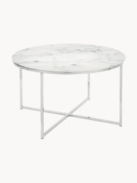 Runder Couchtisch Antigua mit Glasplatte in Marmor-Optik, Tischplatte: Glas, matt bedruckt, Gestell: Metall, verchromt, Marmor-Optik Weiß, Chromfarben, Ø 80 cm