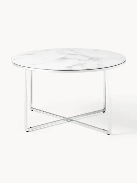 Tavolino rotondo da salotto con piano in vetro effetto marmo Antigua, Struttura: metallo cromato, Bianco effetto marmo. argentato lucido, Ø 80 cm