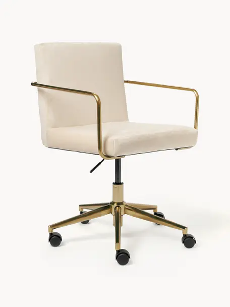 Fluwelen bureaustoel Kashya met armleuning, in hoogte verstelbaar, Bekleding: fluweel (100% polyester) , Frame: geborsteld metaal, Wieltjes: kunststof, Fluweel lichtbeige, B 57 x D 56 cm