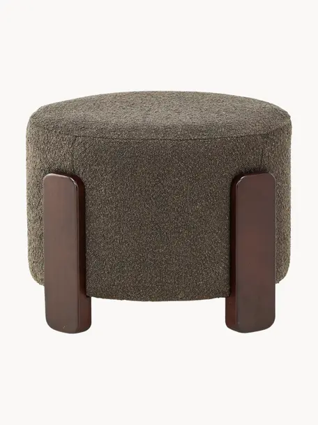 Bouclé poef Coffey met houten poten, Bekleding: bouclé (100% polyester), Poten: rubberhout, Bouclé olijfgroen, rubberhout donkerbruin gelakt, Ø 53 x H 40 cm