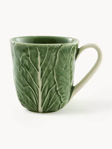 Tazas pintadas a mano Cabbage, 2 uds., Cerámica de gres, Verde oscuro, Ø 12 x Al 11 cm, 350 ml