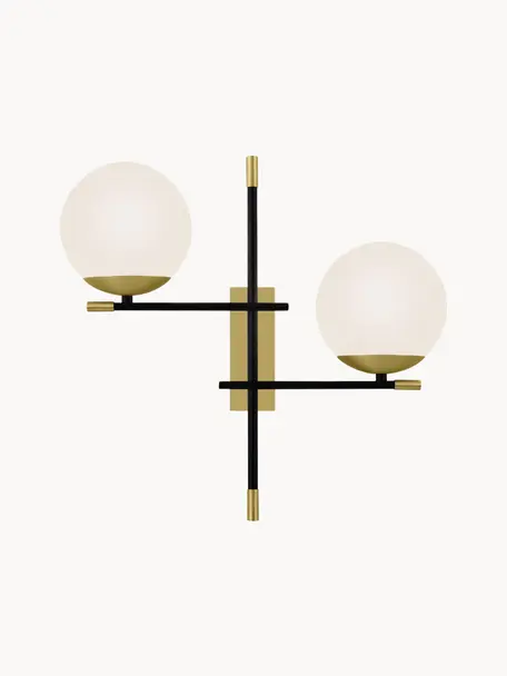 Grote wandlamp Nostalgia, Lampenkap: melkglas, Frame: gecoat metaal, Decoratie: gecoat metaal, Zwart, goudkleurig, B 44 x H 42 cm