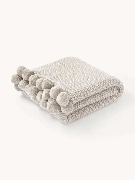 Coperta a maglia con pompon Molly, 100% cotone, Beige chiaro, Larg. 130 x Lung. 170 cm