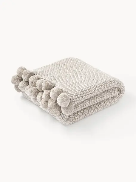 Plaid doux avec pompons Molly, 100 % coton, Beige clair, larg. 130 x long. 170 cm