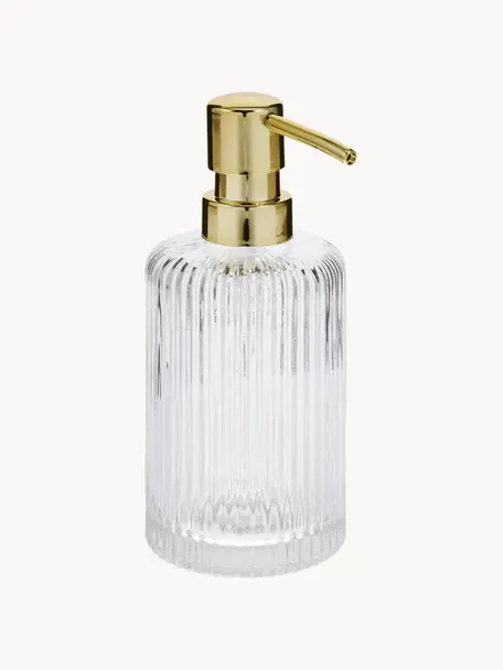 Dispenser sapone in vetro Gulji, Contenitore: vetro, Testa della pompa: materiale sintetico, Trasparente, dorato, Ø 7 x Alt. 17 cm