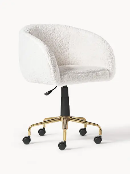 Plyšová židle k psacímu stolu Emmie, výškově nastavitelná, Krémově bílá, zlatá, Š 58 cm, H 60 cm