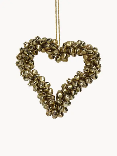 Adorno navideño con cascabeles Heart, Metal recubierto, Dorado, An 9 x Al 9 cm