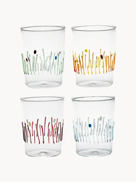 Set 4 bicchieri acqua fatti a mano Quattro, Vetro borosilicato, Trasparente, multicolore, Ø 8 x Alt. 11 cm, 400 ml