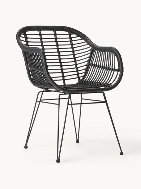 Sillas de ratán con reposabrazos Costa, 2 uds., Asiento: malla de polietileno, Estructura: metal con pintura en polv, Negro, An 59 x F 58 cm