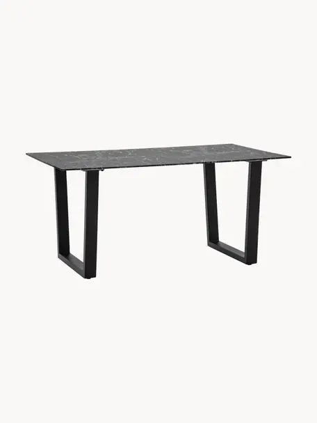 Mesa de comedor Davidson, tablero de vidrio en aspecto mármol, 160 x 90 cm, Tablero: vidrio tintado negro, Patas: metal recubierto, Aspecto mármol negro, negro, An 160 x F 90 cm