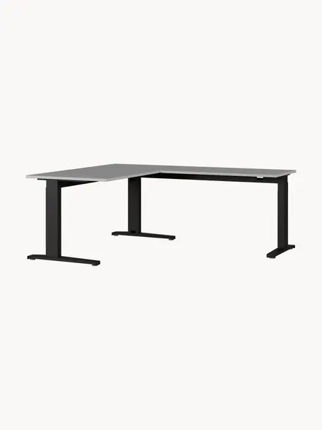In hoogte verstelbare hoekbureau Easy, Tafelblad: spaanplaat met melamineha, Frame: gepoedercoat metaal, Gebroken wit, zwart, B 160 x D 193 cm