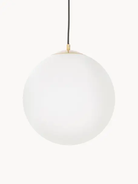 Lámpara de techo de vidrio opalino Beth, Pantalla: vidrio opalino, Anclaje: metal latón, Cable: cubierto en tela, Blanco, Ø 20 cm
